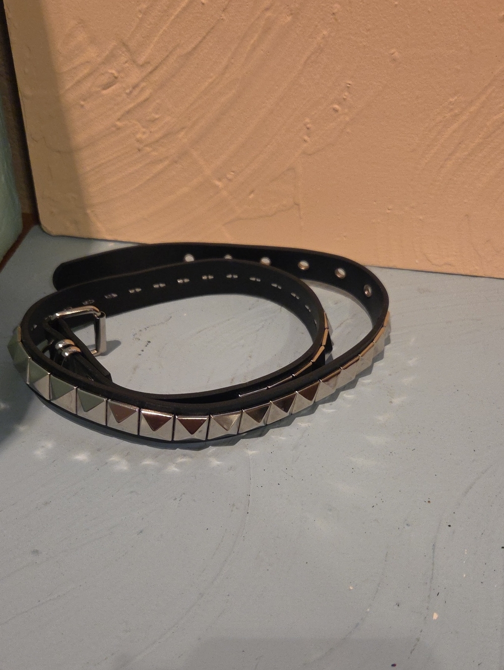 Black Pyramid Stud Skinny Belt with Silver Hardware